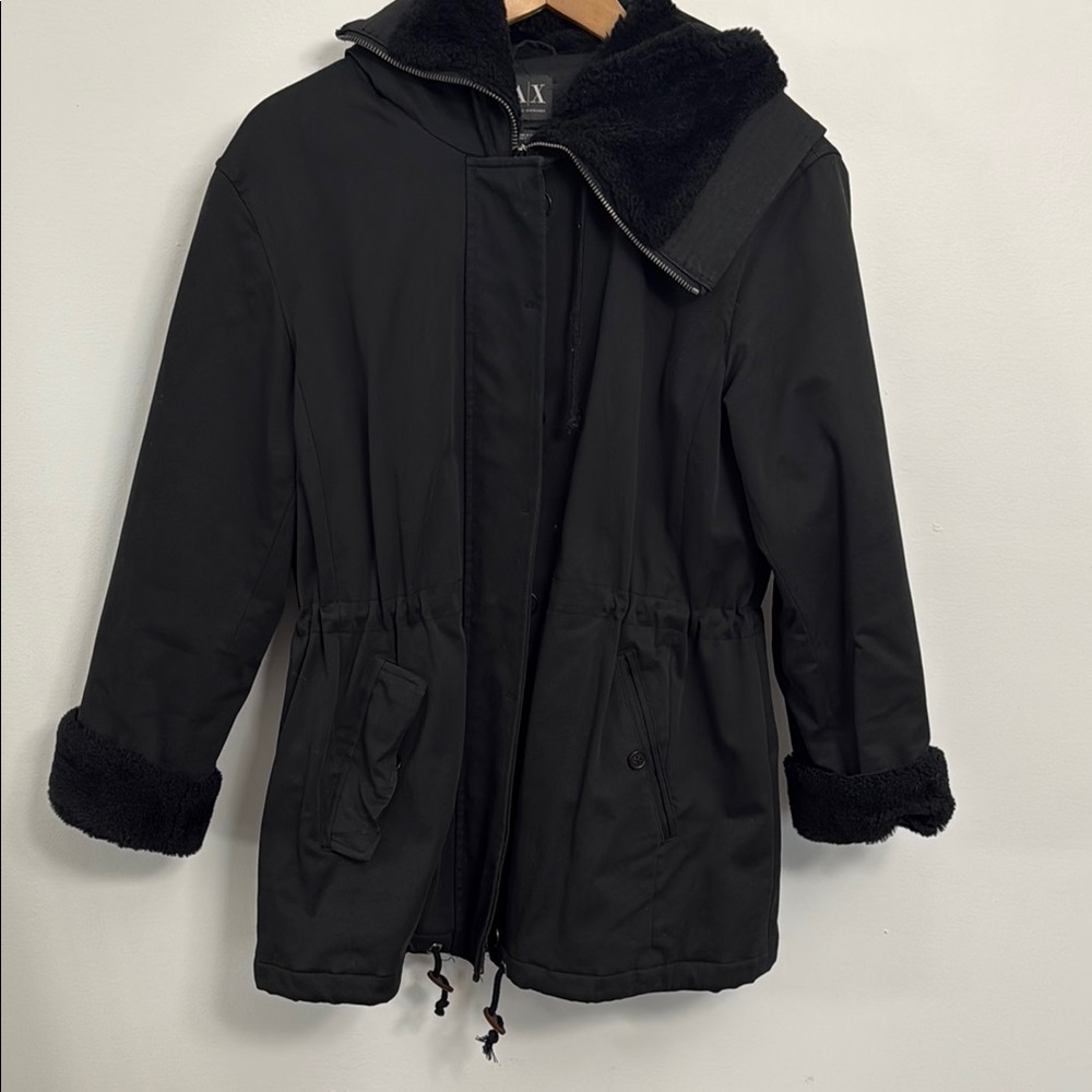 Black Hooded Jacket with Faux Fur Trim